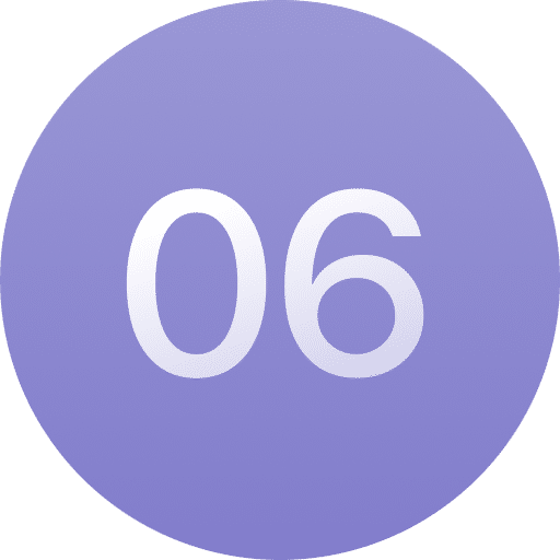 A large white number "06" is centered on a circular, light purple background.
