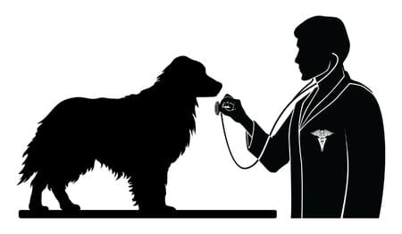 35239631 - veterinarian with dog is an illustration of a design for a vet or veterinarian. includes images of a dog, a veterinarian with stethoscope and a veterinarian symbol