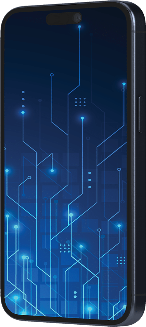 A smartphone with a dark frame displays a digital circuit board pattern with glowing blue lines and dots on its screen, symbolizing technology and connectivity.