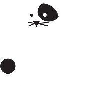 Minimalist illustration of a white cat with a black spot over one eye, a black nose, and a round black spot on its body. The cat is sitting and appears to be playing with a black ball.