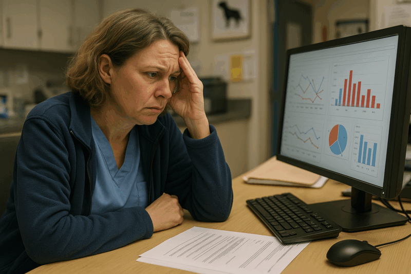 A woman in scrubs sits at a desk, looking stressed while holding her forehead, as she stares at a computer monitor displaying veterinary medicine charts enhanced by artificial intelligence. A document and keyboard are on the desk.
