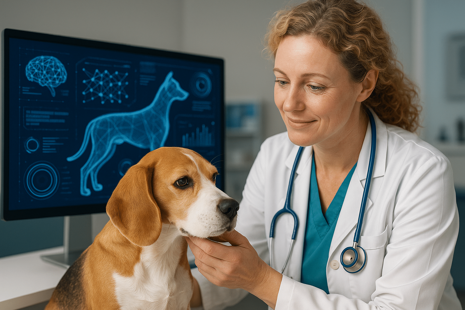 A veterinarian in a white coat examines a beagle dog during the veterinary intake process. Behind them, a computer screen displays medical diagrams, intake forms, and information about the dog as the vet smiles and gently holds its chin.