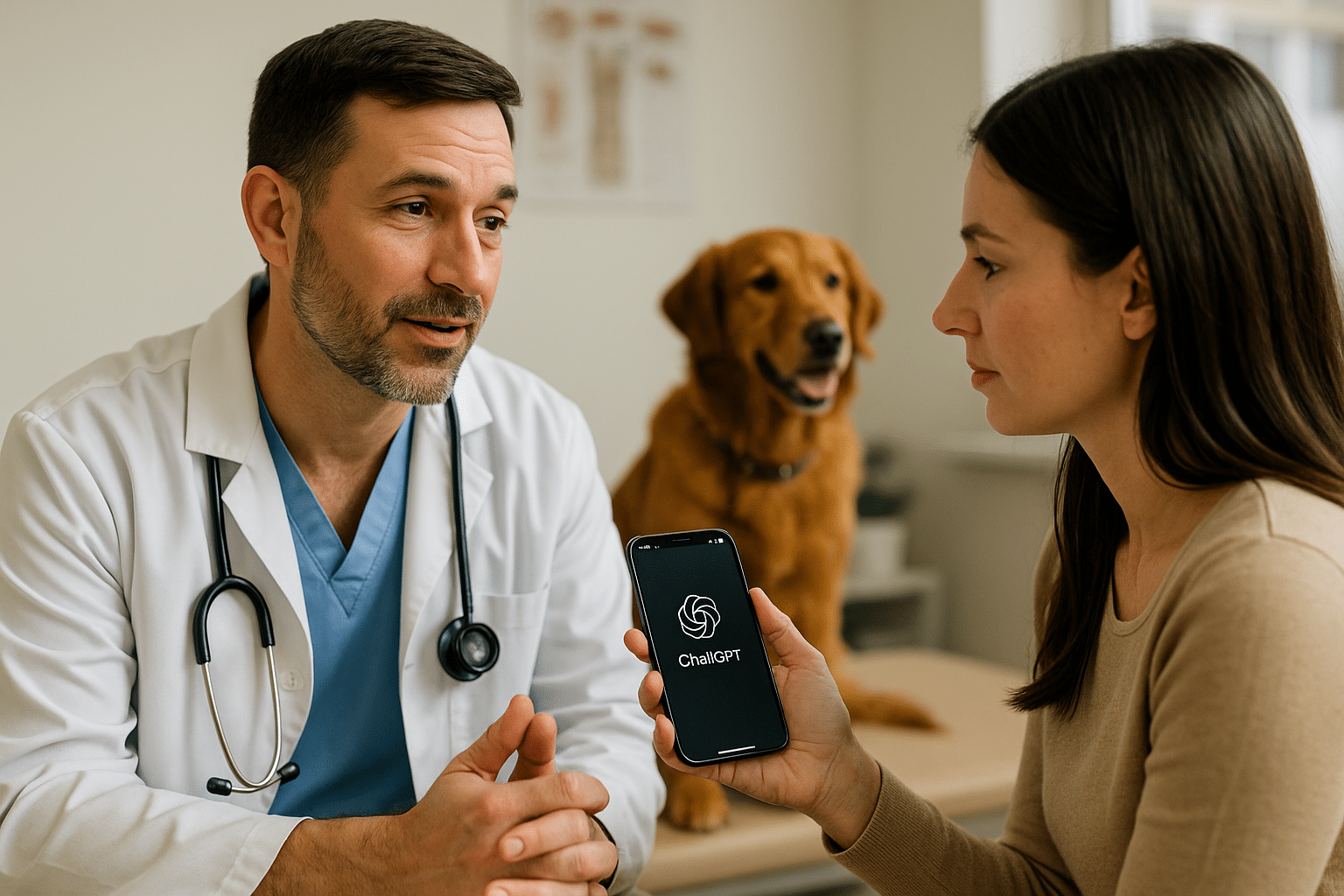 Veterinarian talking with a pet owner in a clinic while the owner looks at ChatGPT on their phone, with a dog in the background — illustrating the challenge of veterinary client education in the age of Google and AI.