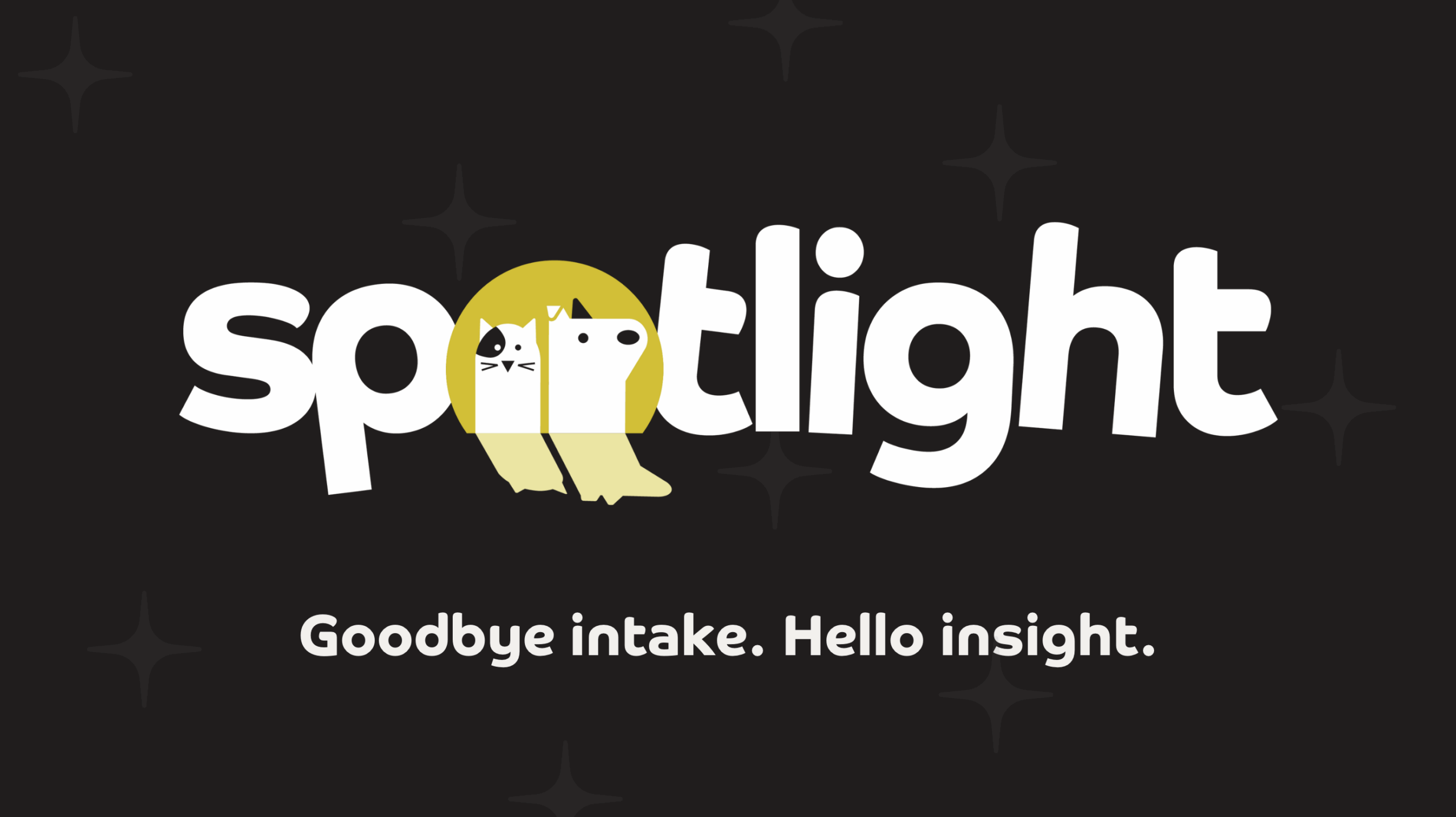 The word "spotlight" is written in bold white letters on a dark background, with the "o" depicted as a yellow spotlight featuring cartoon cat and dog faces. Text below reads, "Goodbye intake. Hello insight.