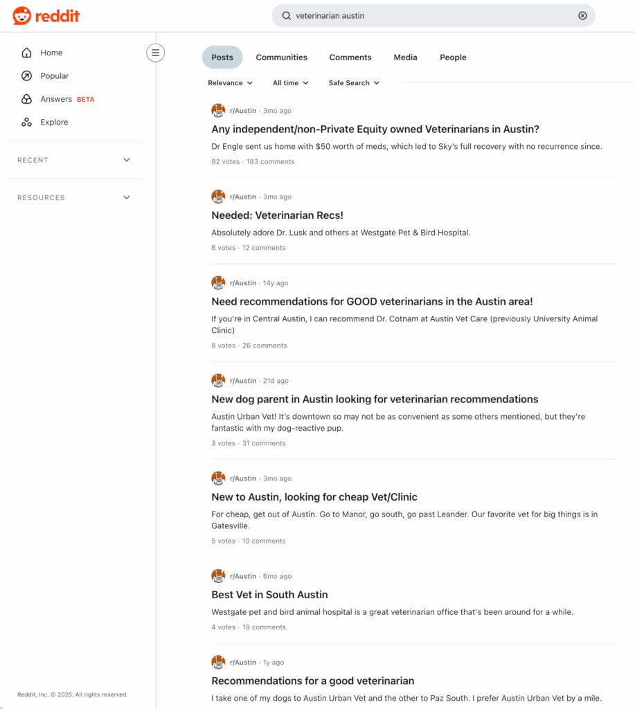 A screenshot of Reddit search results for "veterinarian austin." Several users discuss veterinary medicine, sharing recommendations and reviews of veterinarians, animal clinics, and affordable vet services. Use Reddit as a source of veterinary practice competitor research.