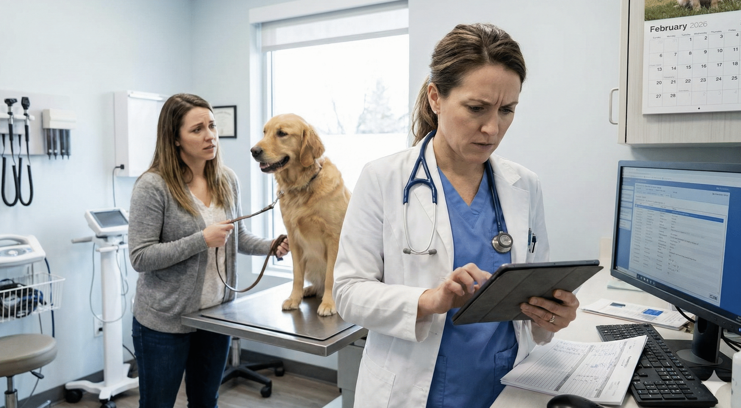 A veterinarian uses artificial intelligence on a tablet while a concerned woman stands beside her golden retriever on an exam table in a modern veterinary clinic. Medical equipment and a calendar are visible in the background.