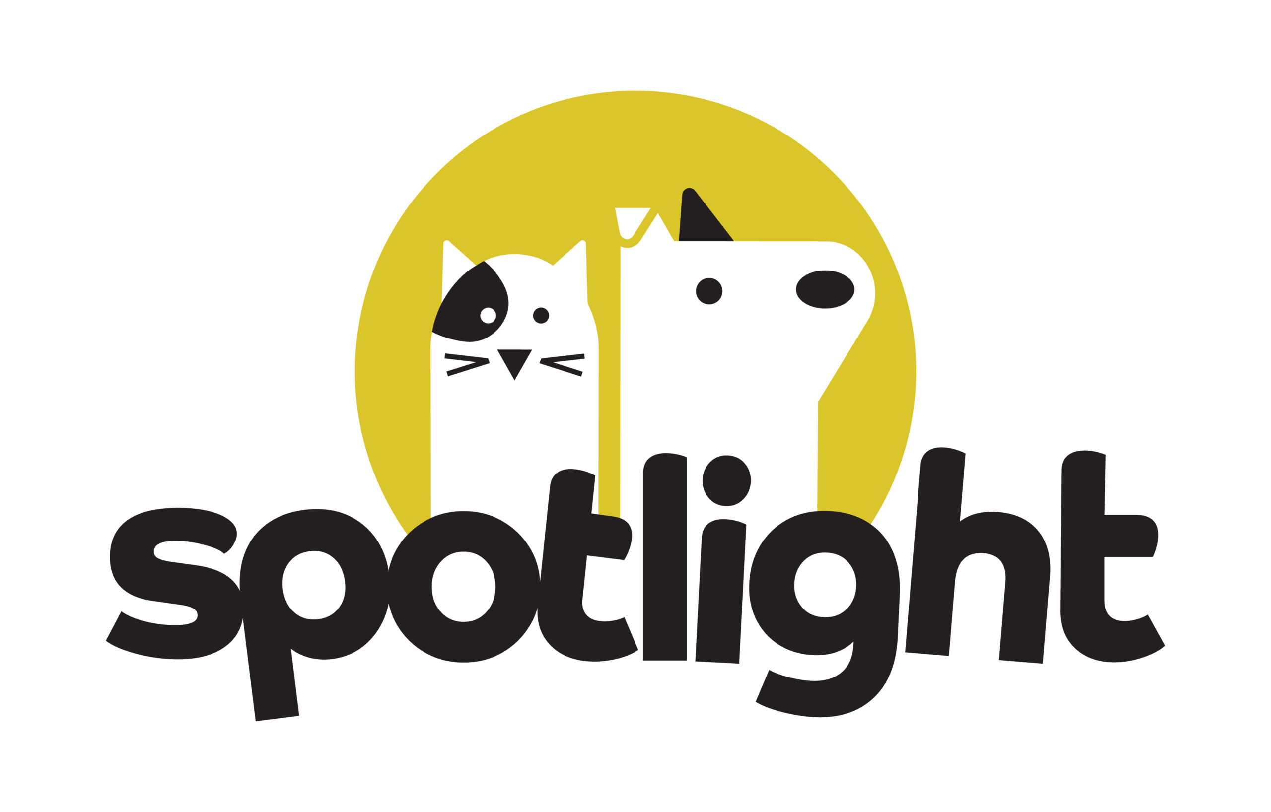 Logo with the word "spotlight" in bold black letters. Above the text are simple cartoon figures of a cat and a dog standing side by side, backed by a yellow circle. The cat has a black spot around one eye.
