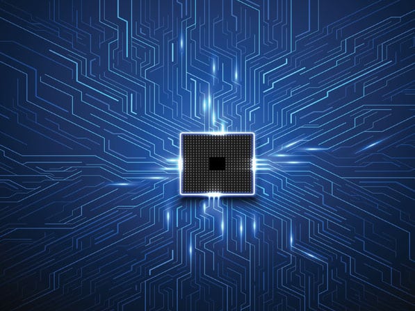 A glowing microchip at the center of a blue circuit board, with bright lines radiating outward, representing electronic connections and digital technology.