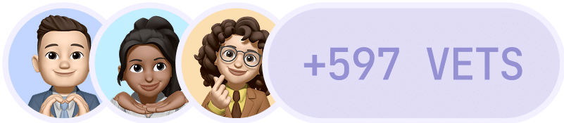 Three illustrated avatars—a man, a woman with dark hair, and a woman with glasses—are shown next to text that reads "+597 VETS" on a purple background.