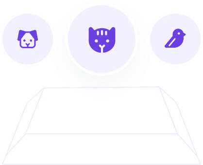 Three purple icons above a blank platform: a dog’s face on the left, a cat’s face in the center, and a bird on the right, each inside a circle.