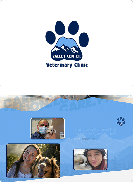 Logo of Valley Center Veterinary Clinic with a paw print and mountains, above three photos: a vet with a dog, a woman outdoors with a dog, and a woman holding a fluffy dog, plus a quote about caring for pets.