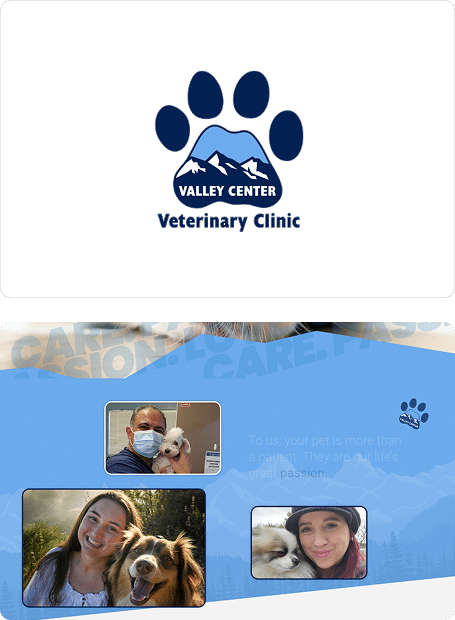 Logo of Valley Center Veterinary Clinic with a paw print and mountains, above three photos: a vet with a dog, a woman outdoors with a dog, and a woman holding a fluffy dog, plus a quote about caring for pets.