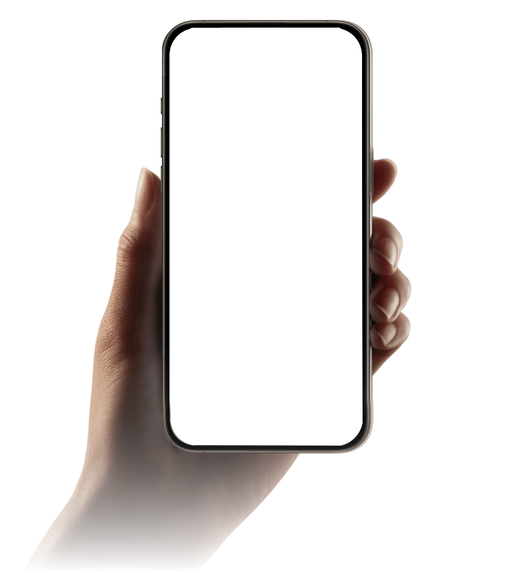 A hand holding a modern smartphone with a completely blank, white screen against a plain background.