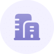Purple icon of two stylized buildings, one tall and one shorter, on a light circular background.