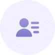 Purple icon of a person with three horizontal lines to the right, representing a user profile or account information, on a light purple circular background.