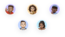 Five illustrated avatar profile icons are arranged in a circle on a light background, each representing a diverse individual with different hairstyles, skin tones, and expressions.