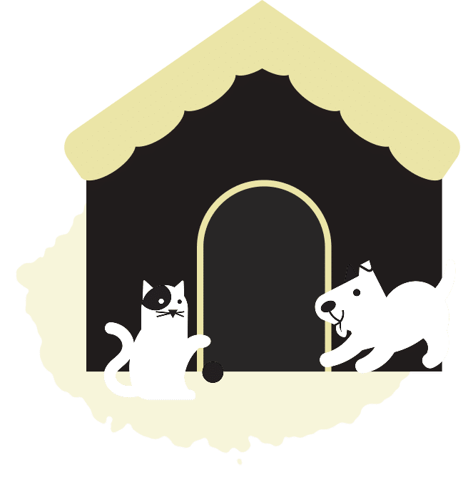 A black and white illustration of a cat and a dog in front of a doghouse. The cat has a black spot over one eye and a ball of yarn, while the dog is smiling and appears playful.