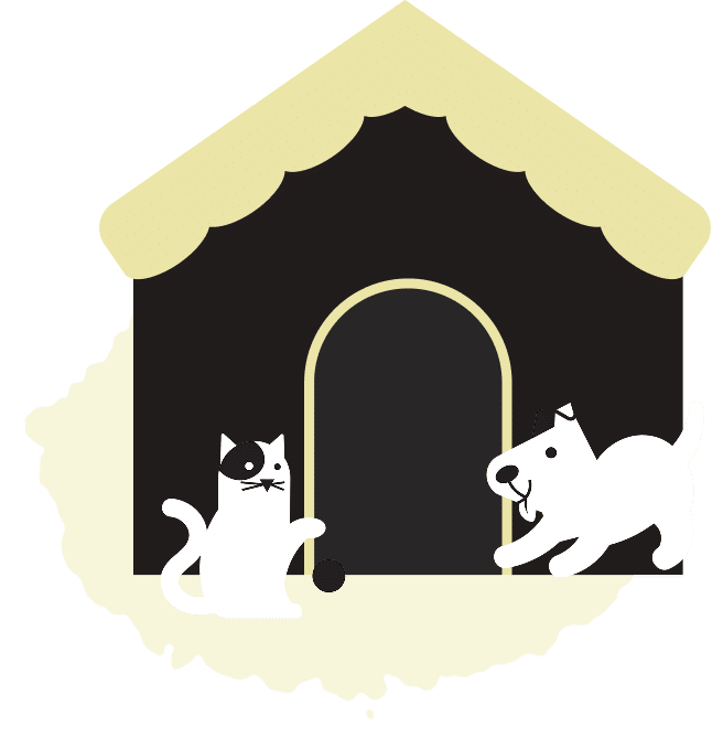 A black and white illustration of a cat and a dog in front of a doghouse. The cat has a black spot over one eye and a ball of yarn, while the dog is smiling and appears playful.