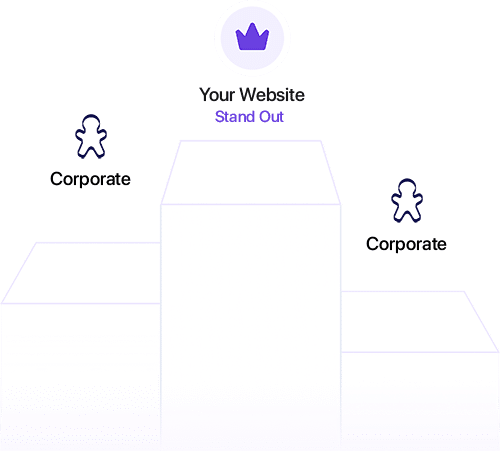 Diagram showing three podiums. The center podium, labeled "Your Website Stand Out" with a crown icon, stands taller than the two side podiums labeled "Corporate," each with a gingerbread person icon.