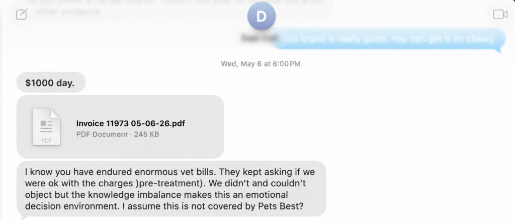 A screenshot of a text conversation shows a message about a $1000 veterinary invoice, a PDF file attached, and a discussion about high vet bills and insurance coverage. The sender expresses empathy about the costly charges.