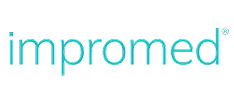 The image displays the word "impromed" in lowercase letters, written in a modern, light blue font on a light gray background.