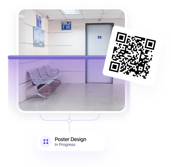 A waiting area with empty metal chairs in a clean, bright hallway; a blue sign is on the wall and a door is visible. A QR code and a label reading “Poster Design In Progress” are overlaid on the image.