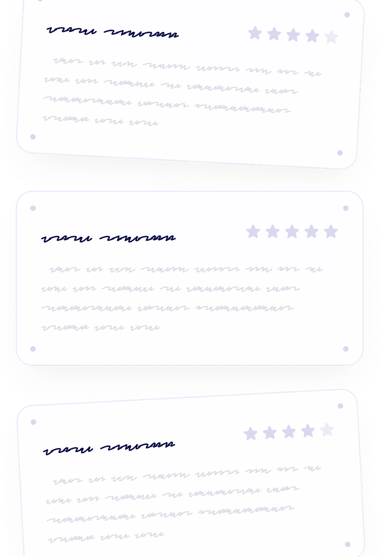 Three rectangular cards with scribbled lines representing text, each showing five star outlines in the top right corner. The stars and text are faded, suggesting placeholders for customer reviews.