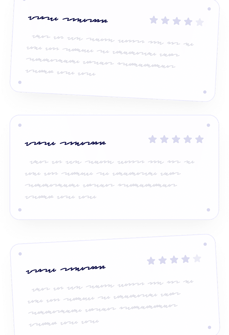 Three rectangular cards with scribbled lines representing text, each showing five star outlines in the top right corner. The stars and text are faded, suggesting placeholders for customer reviews.