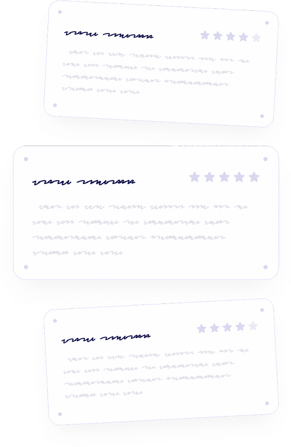 Three rectangular feedback cards with scribbled lines resembling text, each showing a five-star rating at the top right. The cards are arranged at different angles on a light background.