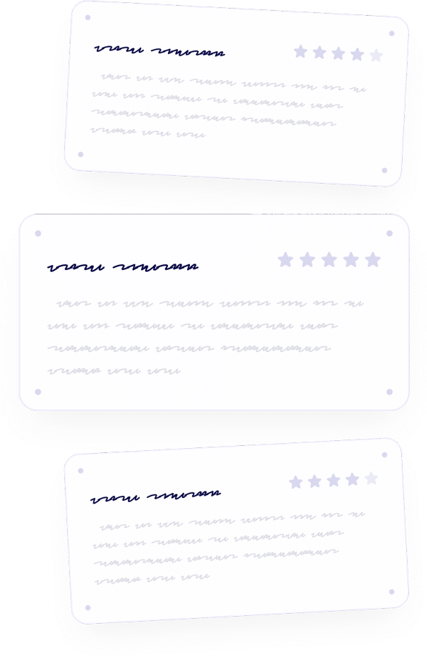 Three rectangular feedback cards with scribbled lines resembling text, each showing a five-star rating at the top right. The cards are arranged at different angles on a light background.