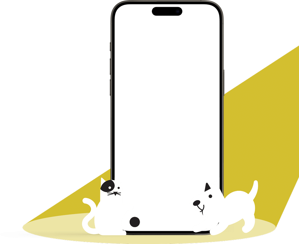 A large smartphone with a blank screen is centered. At the bottom, a white cat with a black spot and a white dog with a black ear play together on a yellow oval background.
