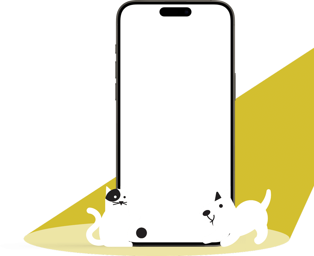 A large smartphone with a blank screen is centered. At the bottom, a white cat with a black spot and a white dog with a black ear play together on a yellow oval background.