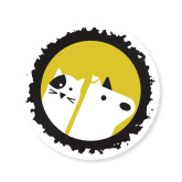 Minimalist illustration of a cat and a dog side by side, outlined in black with a yellow background and a rough black circular border around them.