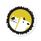 Minimalist illustration of a cat and a dog side by side, outlined in black with a yellow background and a rough black circular border around them.