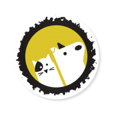 Minimalist illustration of a white cat with a black spot and a white dog inside a yellow circle with a rough black border. The cat and dog are side by side, facing forward.
