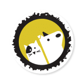 Minimalist illustration of a white cat with a black spot and a white dog inside a yellow circle with a rough black border. The cat and dog are side by side, facing forward.