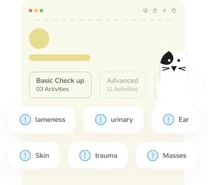 A cartoon cat sits next to a digital interface showing "Basic Check up" and "Advanced" activity options, with buttons labeled lameness, urinary, ear, skin, trauma, and masses.