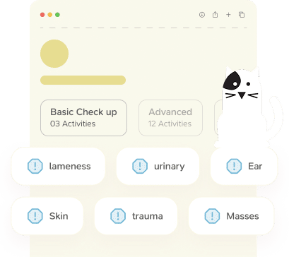 A cartoon cat sits next to a digital interface showing "Basic Check up" and "Advanced" activity options, with buttons labeled lameness, urinary, ear, skin, trauma, and masses.
