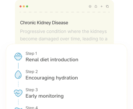 A partial webpage displays information about chronic kidney disease and a four-step process: renal diet introduction, encouraging hydration, early monitoring, and an unfinished fourth step. Icons accompany each step.