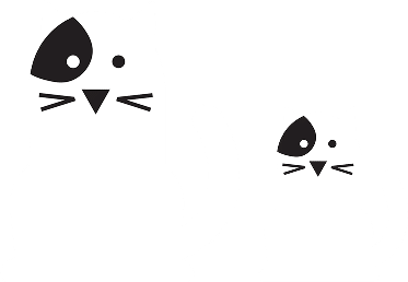 Two simple, cartoon-style white cats with black eyes and whiskers sit side by side. Both have a black patch around their left eye. The cat on the left is larger than the one on the right.