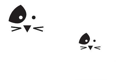 Two simple, cartoon-style white cats with black eyes and whiskers sit side by side. Both have a black patch around their left eye. The cat on the left is larger than the one on the right.