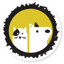 Minimalist illustration of a cat and a dog side by side inside a yellow circle with a rough black border. The cat has a spot over one eye, and the dog has a black ear and nose.