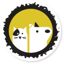 Minimalist illustration of a cat and a dog side by side inside a yellow circle with a rough black border. The cat has a spot over one eye, and the dog has a black ear and nose.