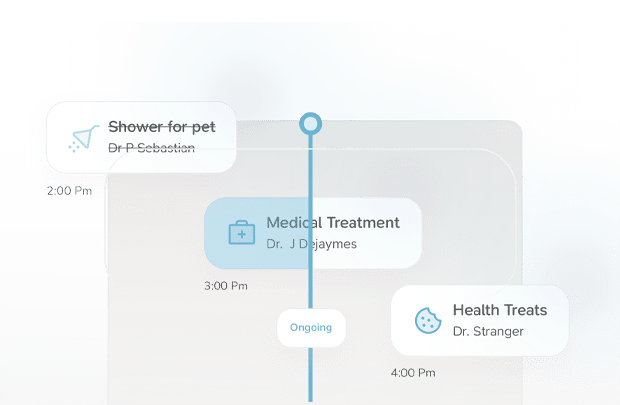 A digital schedule displays events: "Shower for pet" at 2:00 PM, "Medical Treatment" at 3:00 PM (ongoing), and "Health Treats" at 4:00 PM. Each event lists a doctor's name.