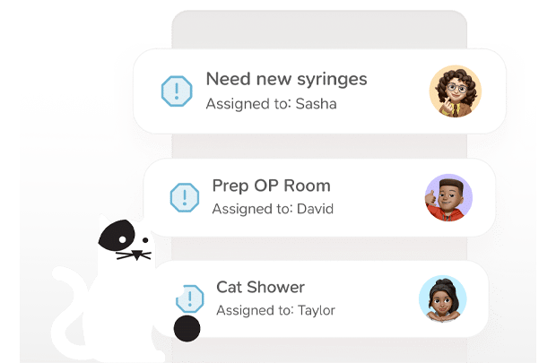 A cartoon cat sits beside a list of tasks labeled: "Need new syringes" (assigned to Sasha), "Prep OP Room" (assigned to David), and "Cat Shower" (assigned to Taylor), each with an illustrated avatar.