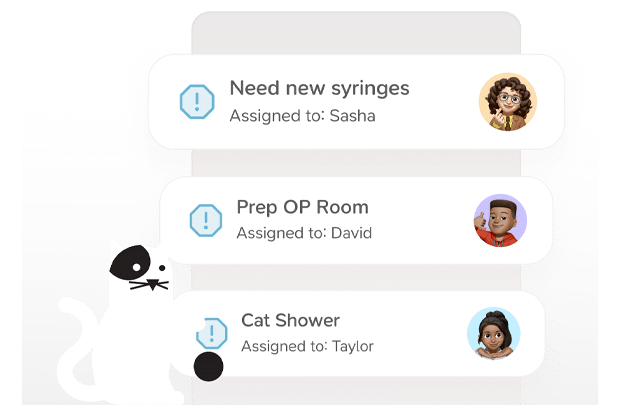 A cartoon cat sits beside a list of tasks labeled: "Need new syringes" (assigned to Sasha), "Prep OP Room" (assigned to David), and "Cat Shower" (assigned to Taylor), each with an illustrated avatar.
