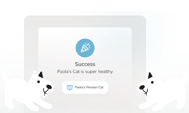 A digital screen displays a message: "Success. Paola's Cat is super healthy" with a confetti icon above. Cartoon white dogs are positioned in the bottom left and right corners of the image.