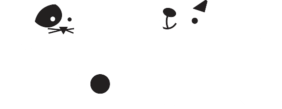 Simple black and white illustration of a cat with a dark spot on its face and a dog with a dark ear. The cat sits with a ball in front, while the dog appears to be playfully approaching.