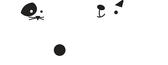 Simple black and white illustration of a cat with a dark spot on its face and a dog with a dark ear. The cat sits with a ball in front, while the dog appears to be playfully approaching.
