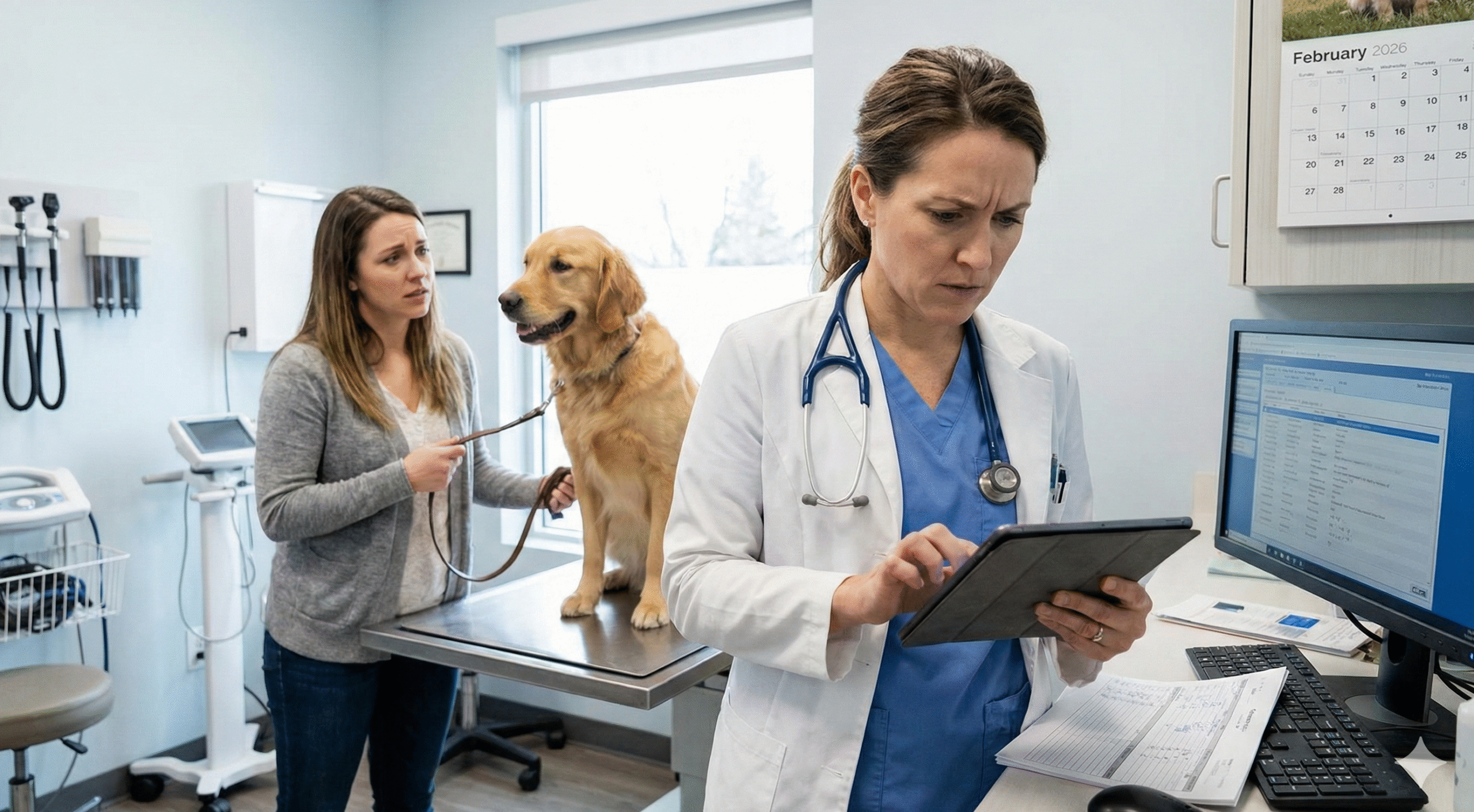 A veterinarian uses artificial intelligence on a tablet while a concerned woman stands beside her golden retriever on an exam table in a modern veterinary clinic. Medical equipment and a calendar are visible in the background.